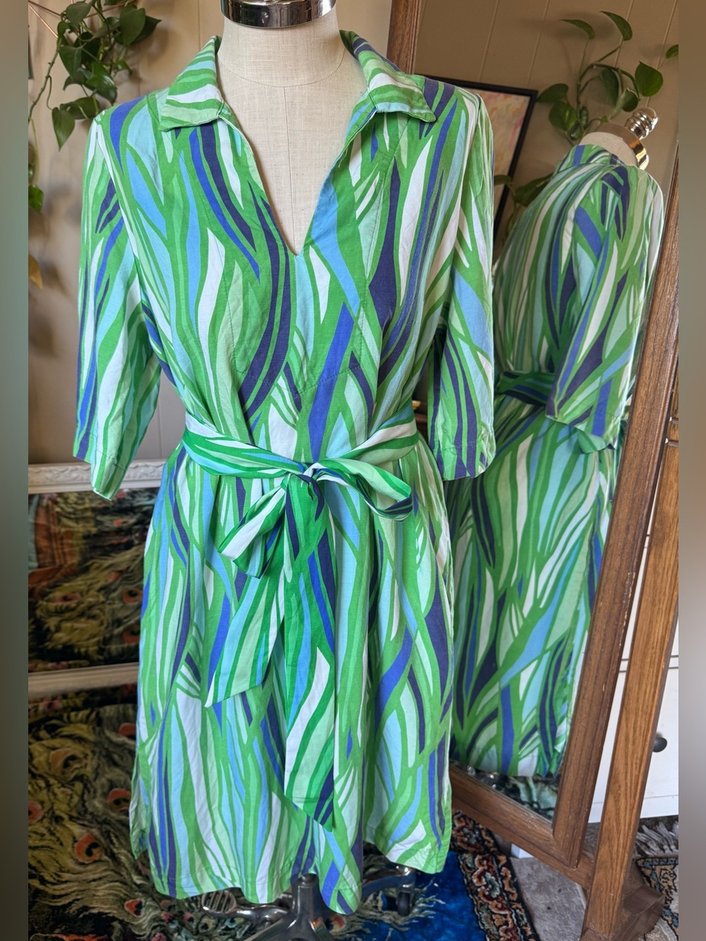Lesley Evers Linen Blend Green and Blue Abstract 1960s inspired Midi Dress, 1X